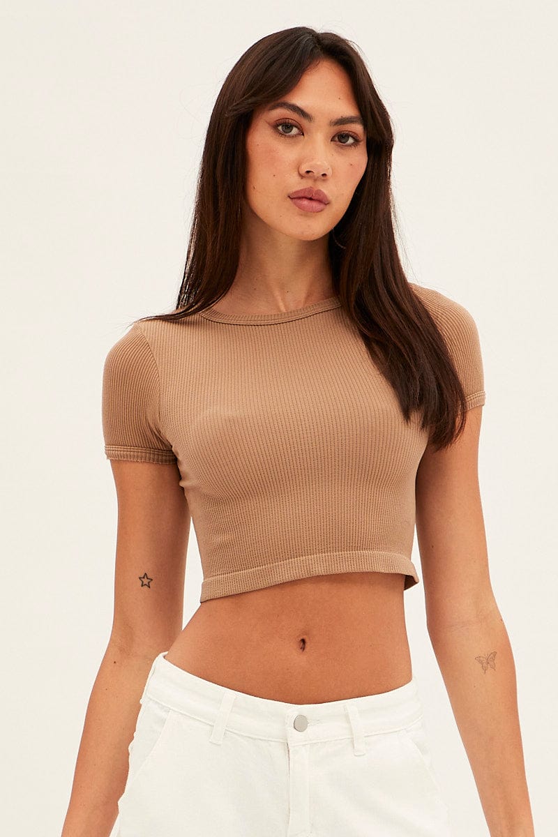 Brown T Shirt Short Sleeve Crew Neck Seamless
