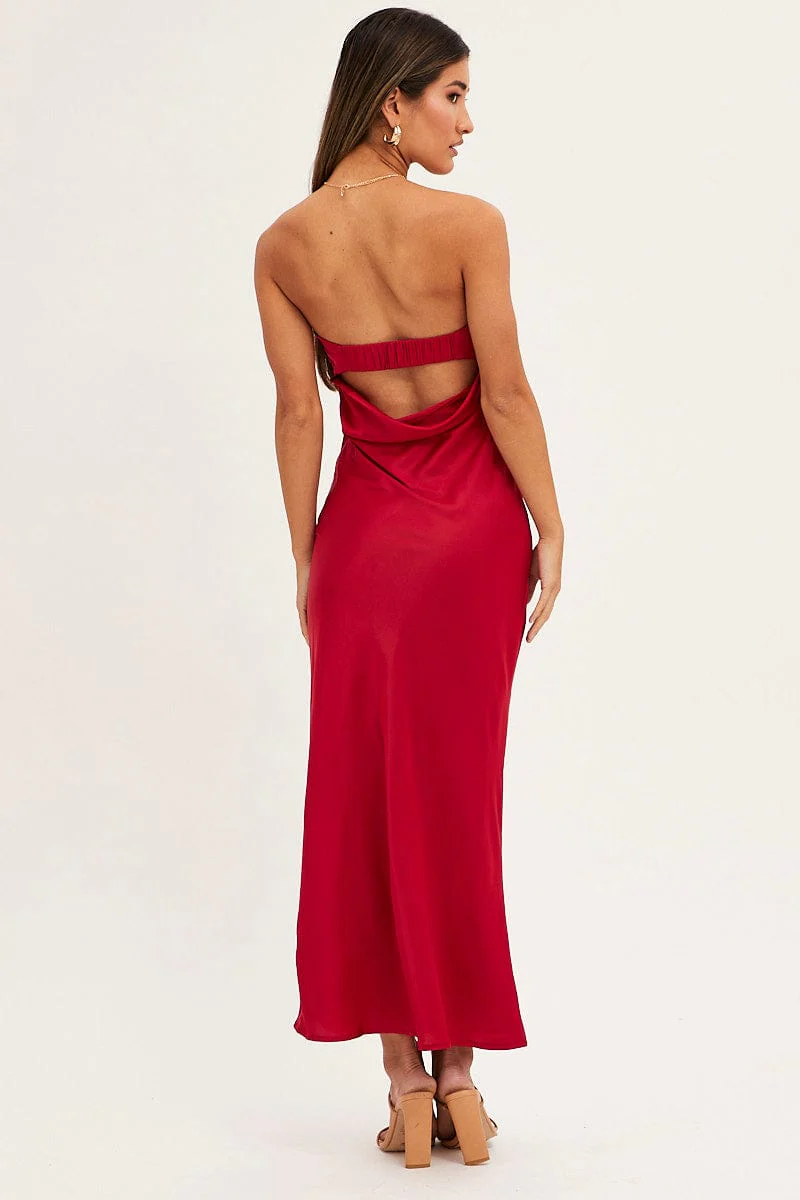Red Satin Dress Maxi Strapless