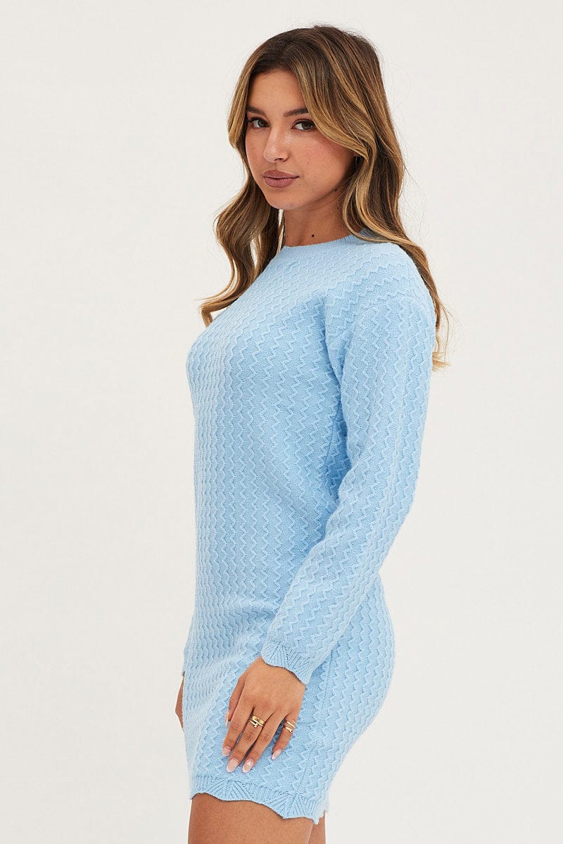 Blue Dress Long Sleeve Mini Knit