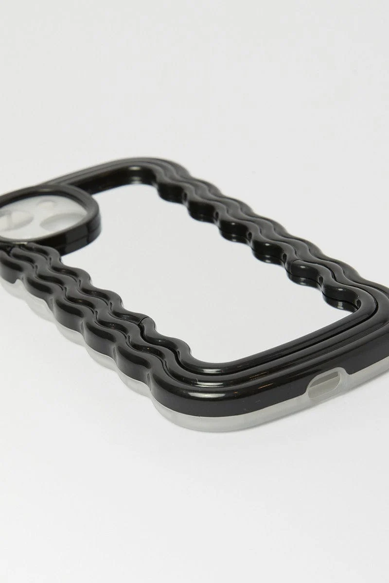 Black iPhone 14 Wavy Abstract Mirror Case with Holder