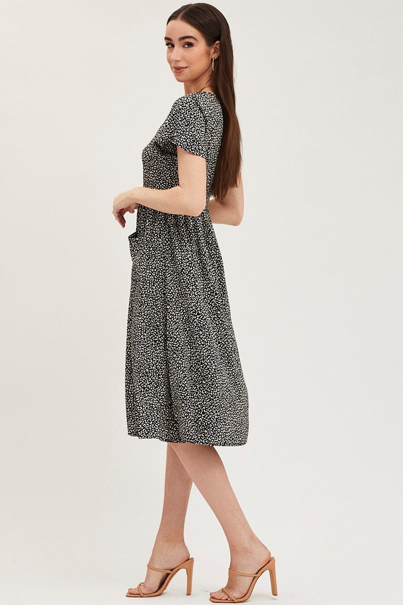Geo Print Pocket Front Button Midi Dress