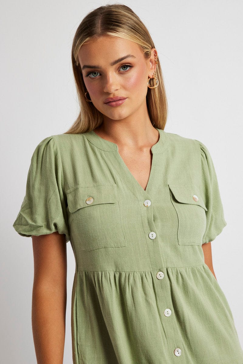 Green Button Through Mini Dress Collar Linen Blend