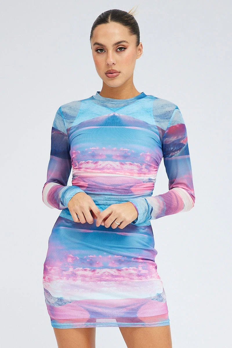 Pink Abstract Mini Dress Long Sleeve Crew Neck Ruched Waist Mesh