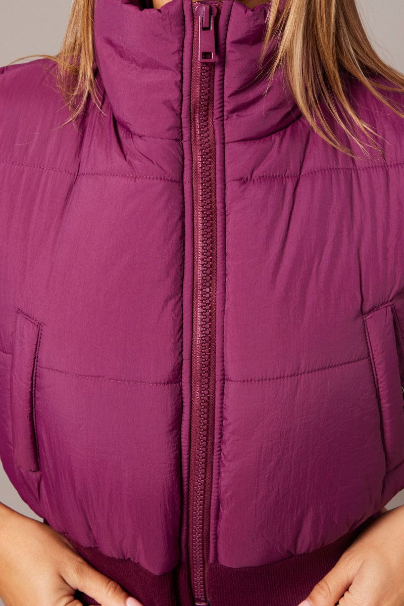Purple Short Puffer Jacket Sleeveless with Pockets