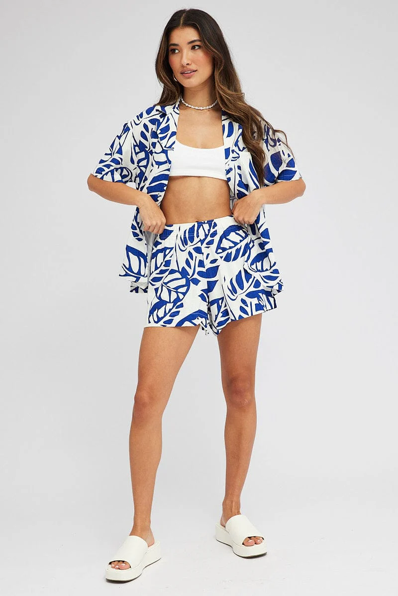 Blue Abstract Linen Shirt Short Sleeve