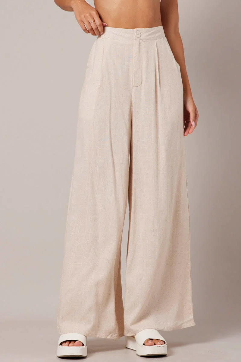 Beige Wide Leg Pants High Rise Linen Blend
