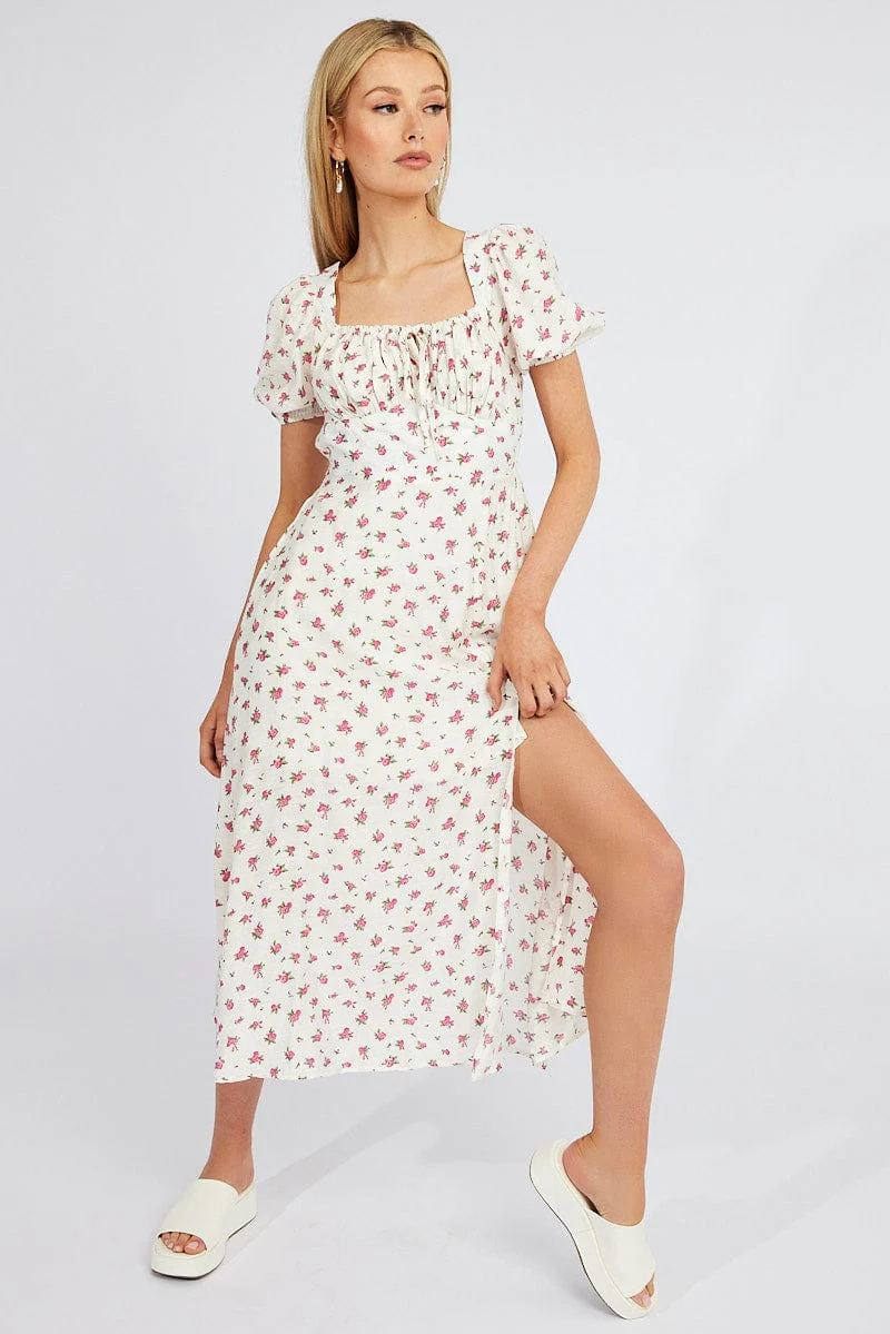White Floral Midi Dress Puff Sleeve Midi