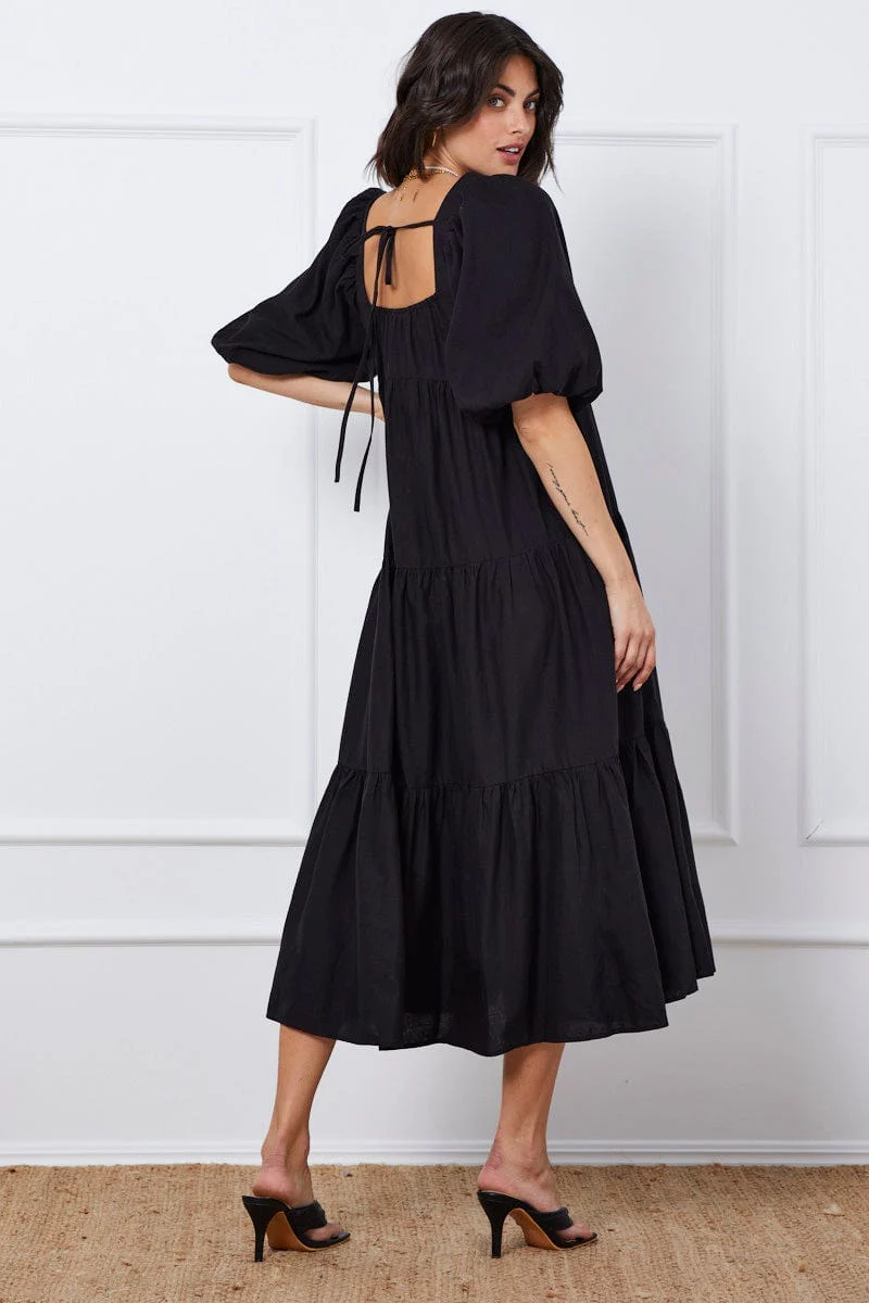 Black Midi Dress Short Sleeve Square Neck