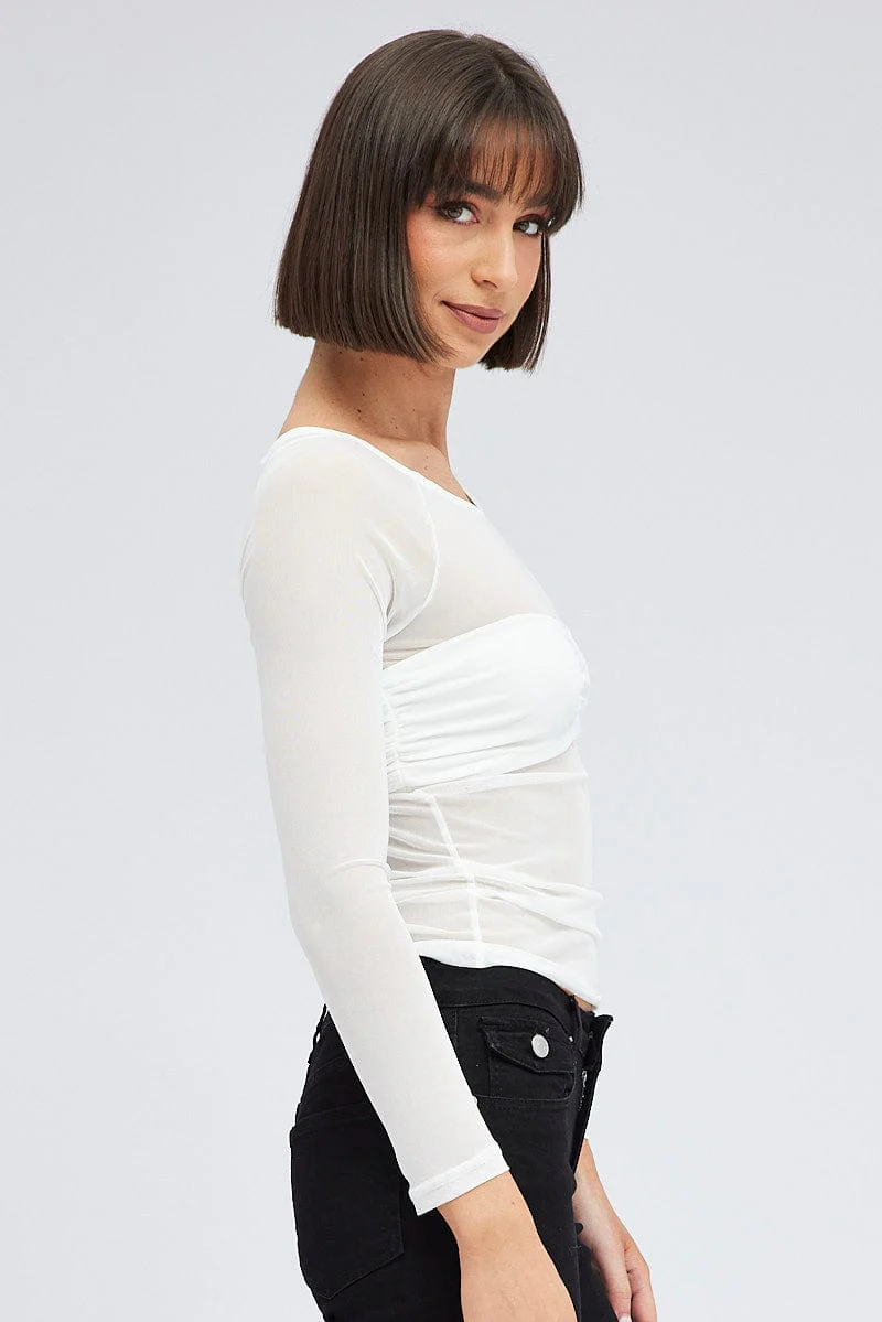 White Top Long Sleeve Round Neck Bust Detail Mesh