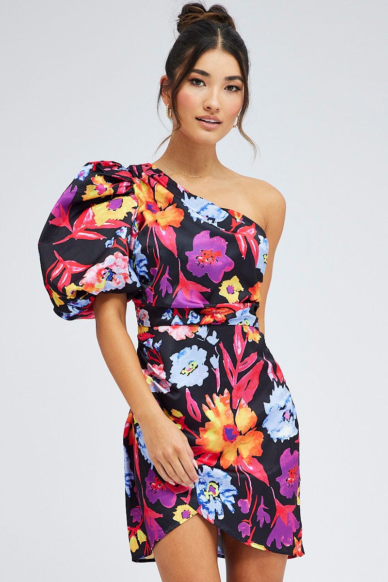 Multi Floral One Shoulder Puff Sleeve Statement Mini Dress
