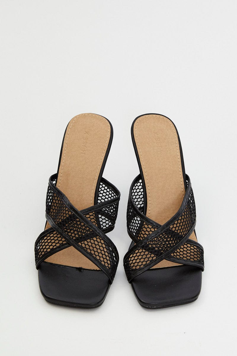Black Penelope Cross Over Mesh Strap High Heel Mule