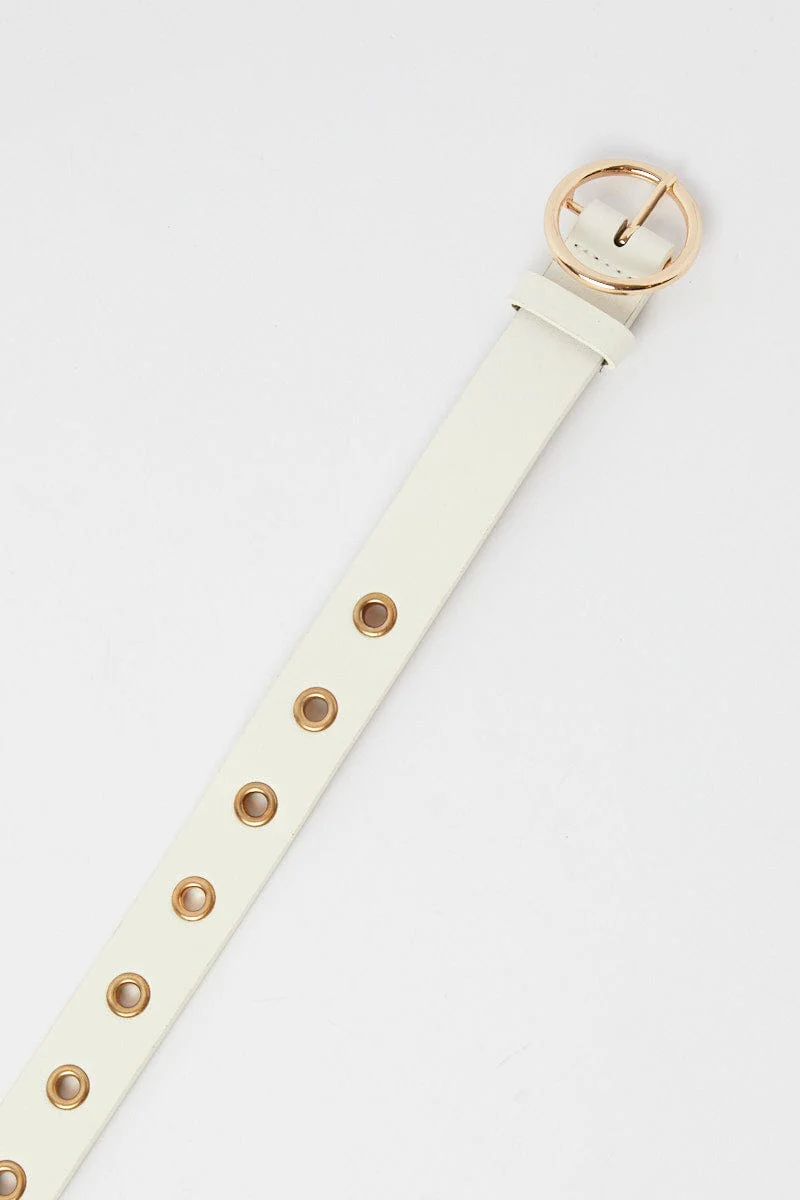 White Circle Buckle Belt with Eyelet Detail