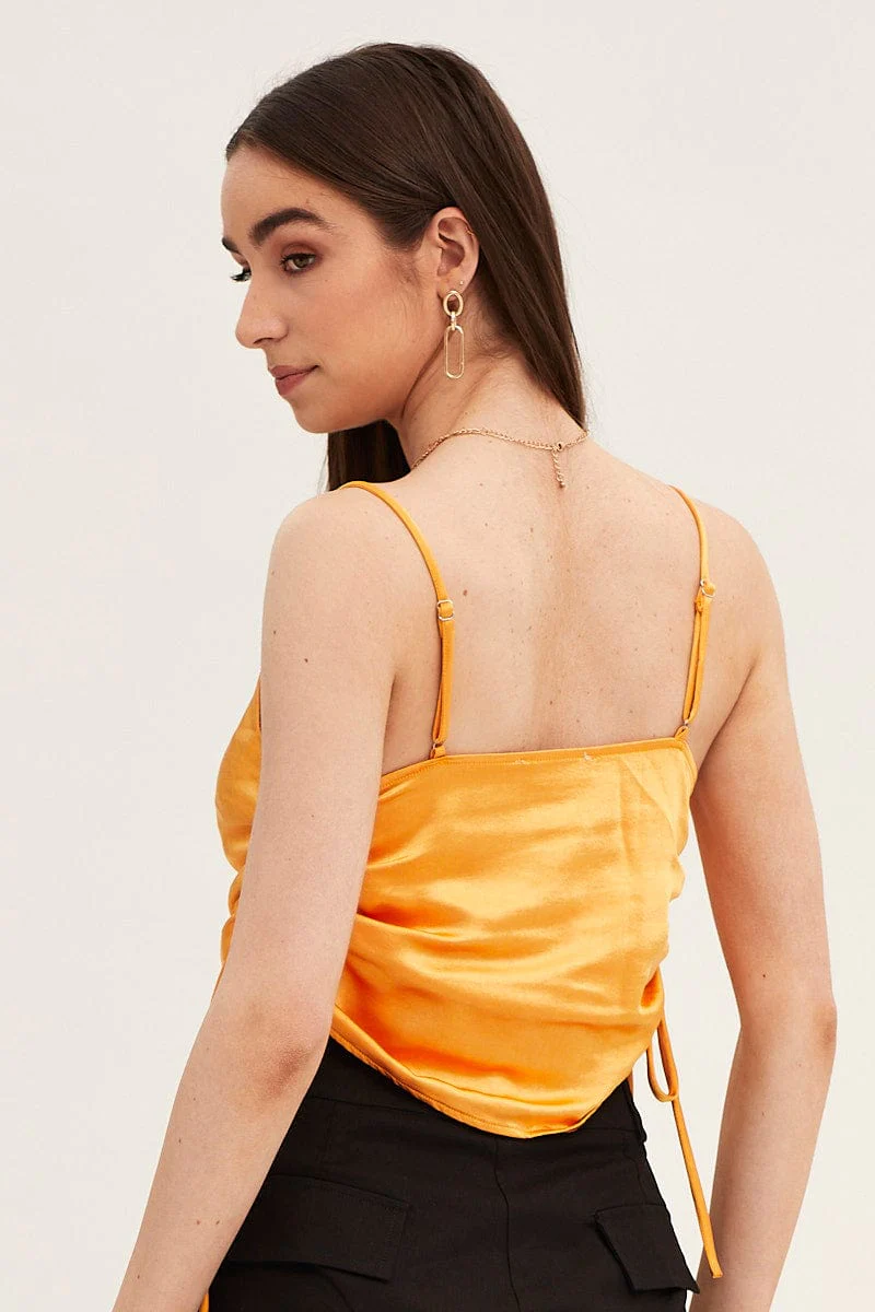 Orange Cami Top Sleeveless Cowl Neck Satin
