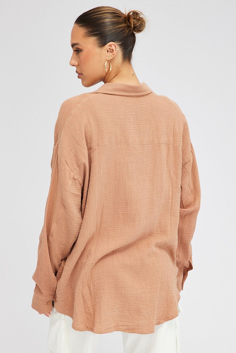 Brown Oversized Shirt Long sleeve Collared Neck