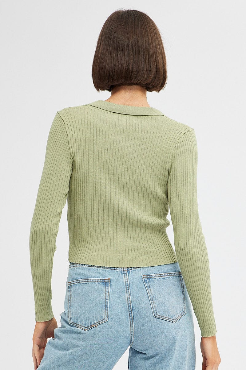 Green Long Sleeve Knit Collar Semi Crop Top