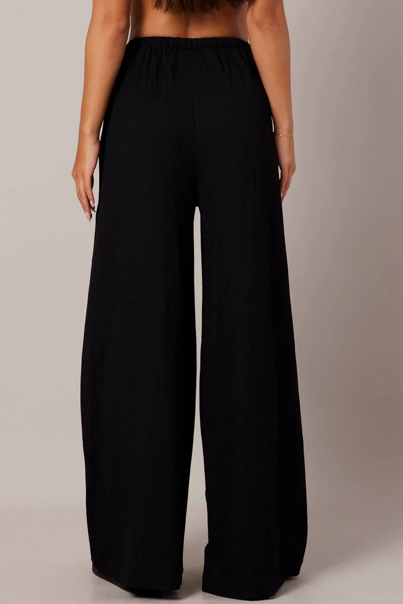 Black Wide Leg Pants High Rise Textured Fabric