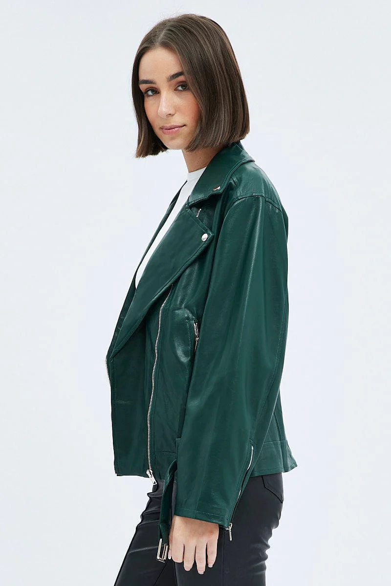 Green Jacket Long Sleeve Collared Faux Leather