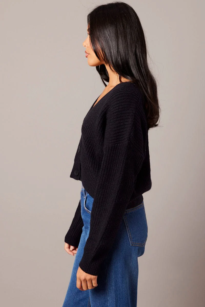 Black Knit Cardigan Long Sleeve V Neck Button Up