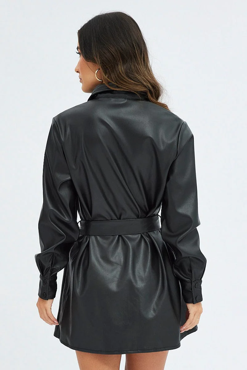 Black Faux Leather Dress Long Sleeve Collared Belted PU