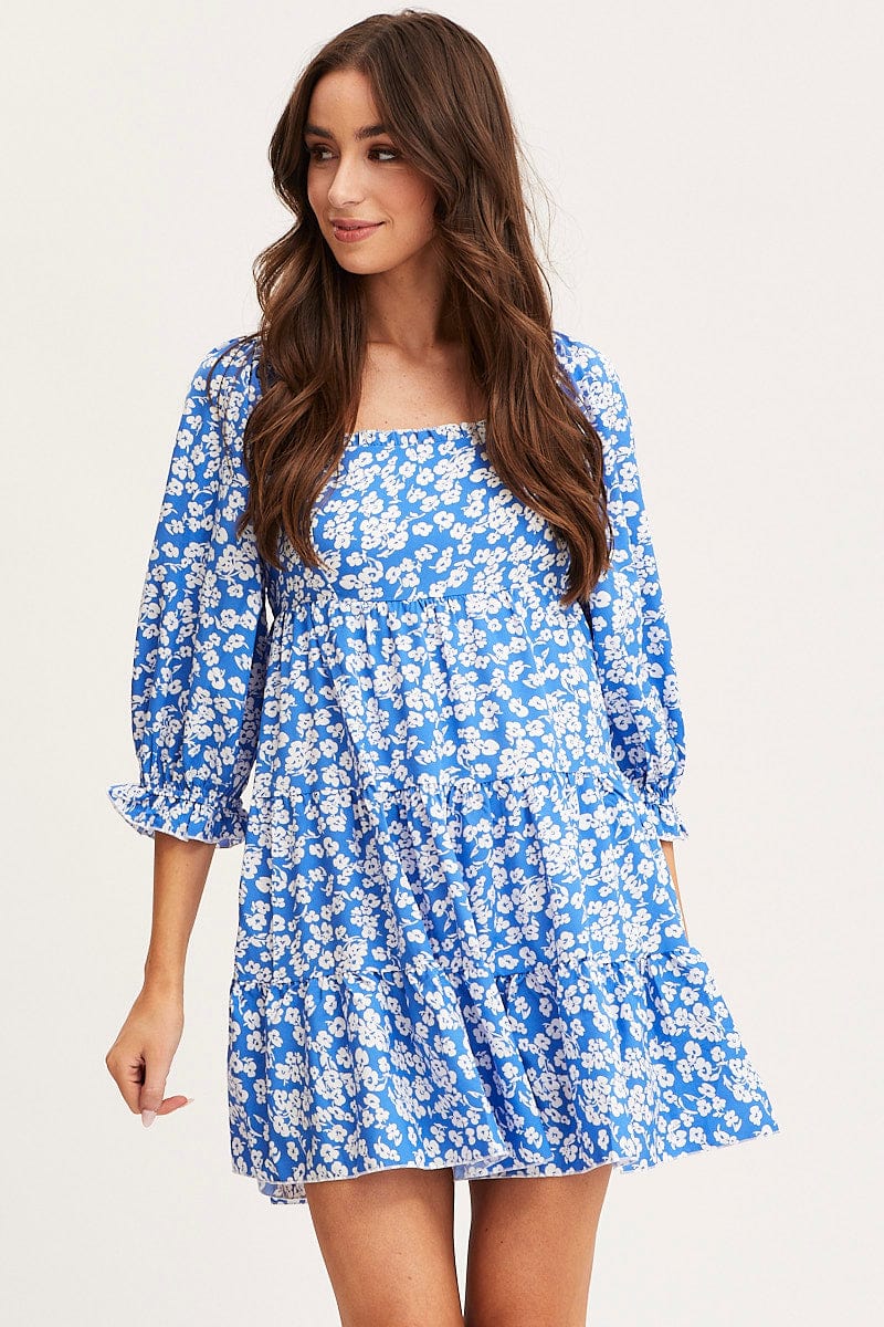 Ditsy Print Fit And Flare Dress Long Sleeve Square Neck