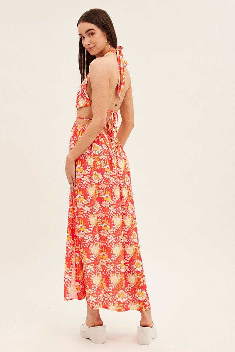 Red Floral Maxi Dress Cutout Front Split