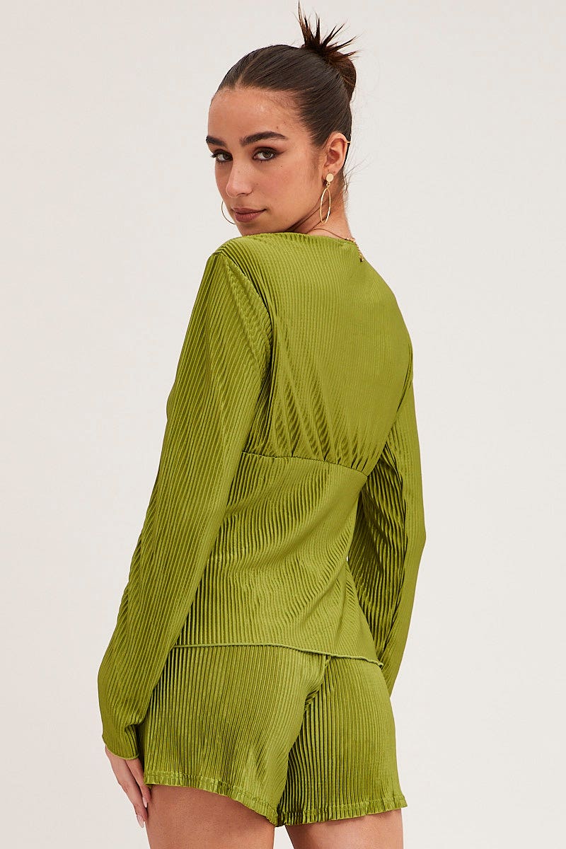 Green Tie Front Long Sleeve Top