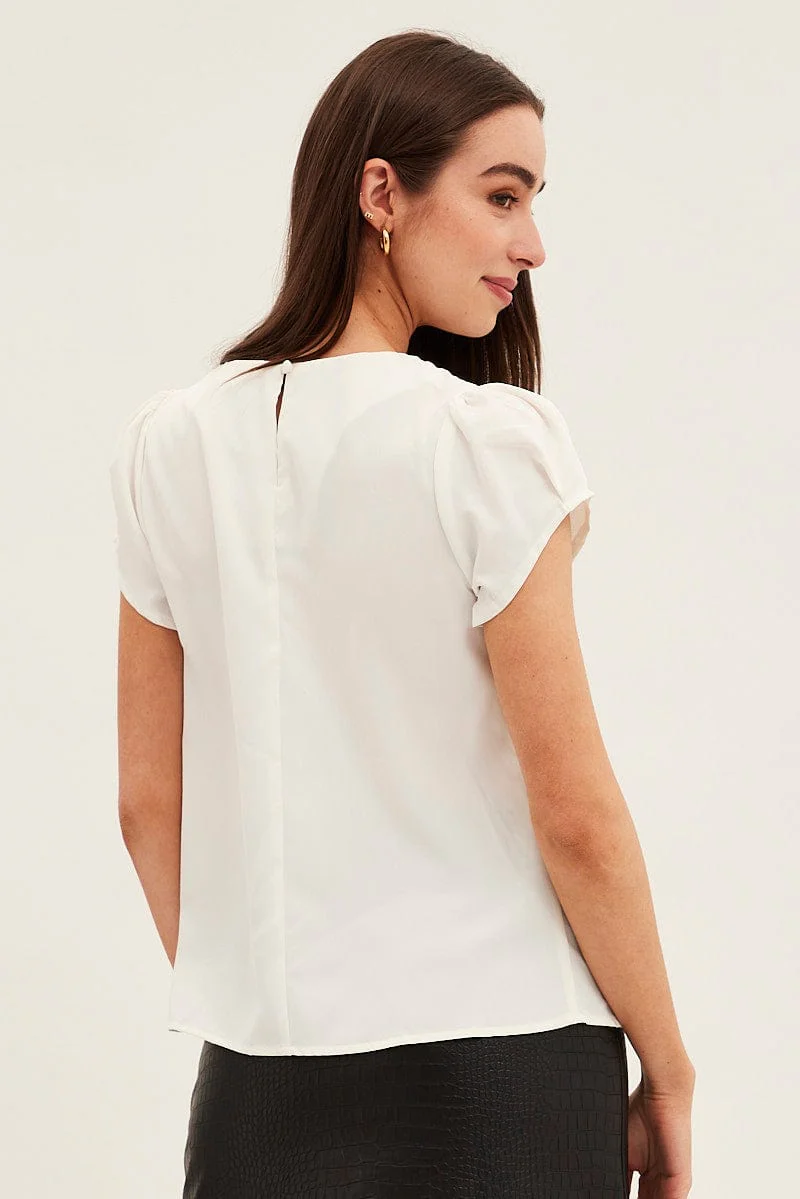 White Top Cap Sleeve Pleat Detail Workwear