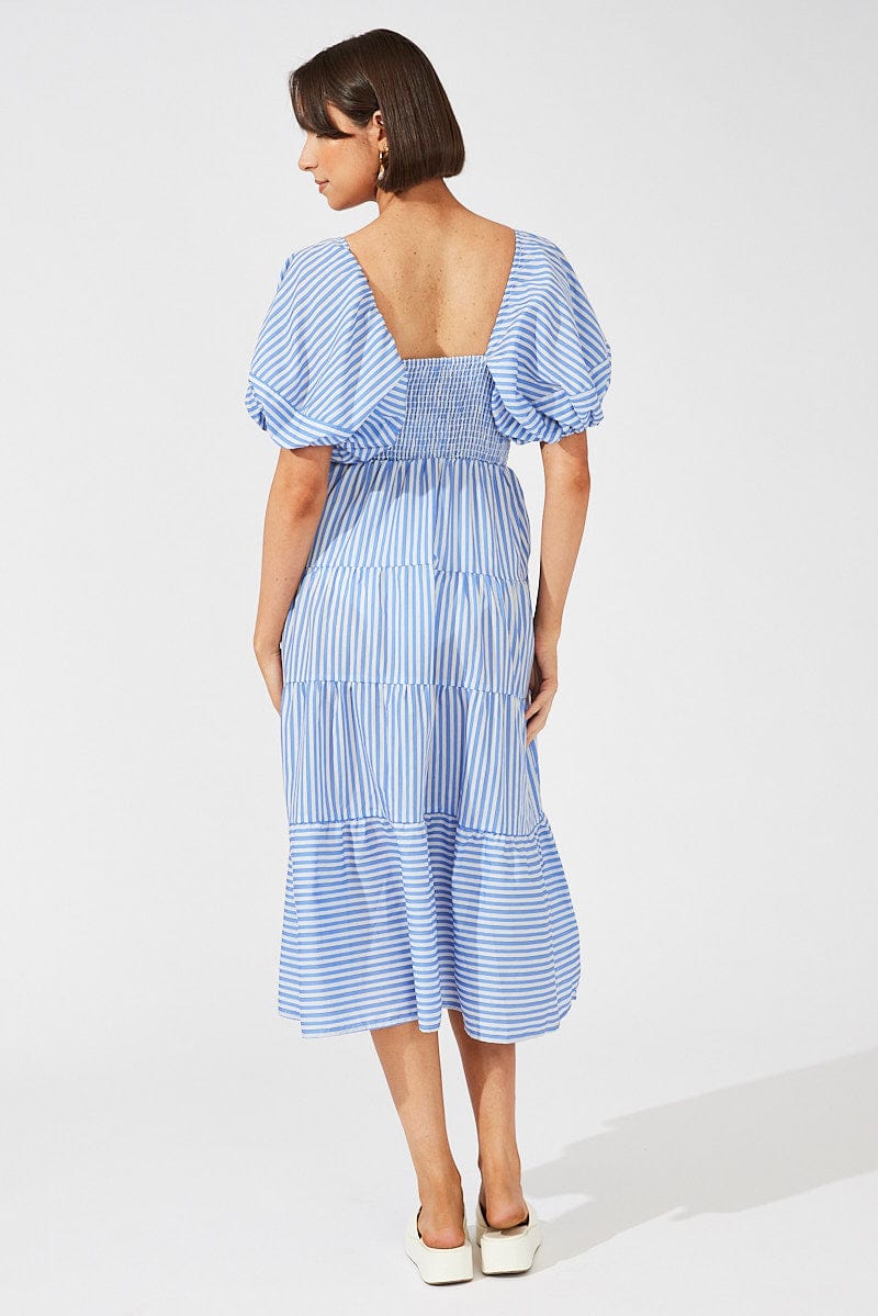 Blue Stripe Midi Dress Short Sleeve Shirred