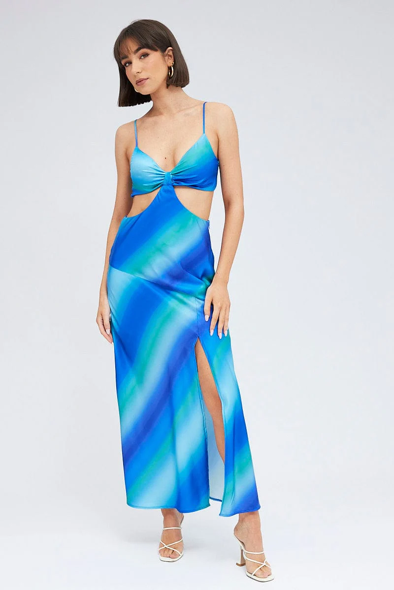 Blue Print Strappy Dress Maxi Ombre Cut Out Satin