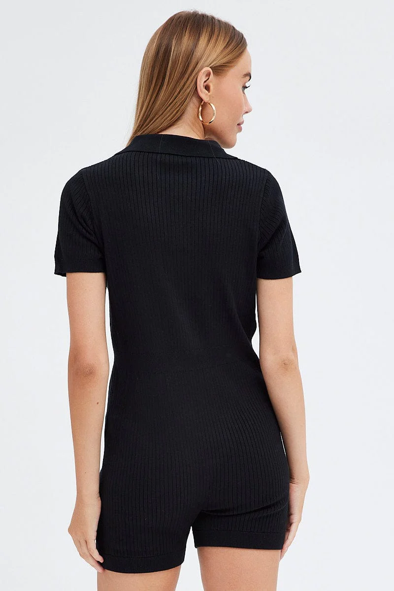 Black Knit Romper Short Sleeve Collared Onesie Unitard