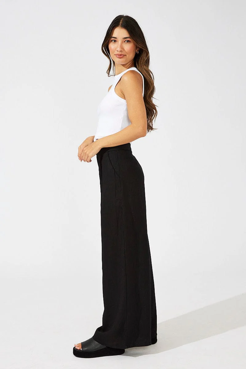 Black Wide Leg Pants High Rise Linen Blend
