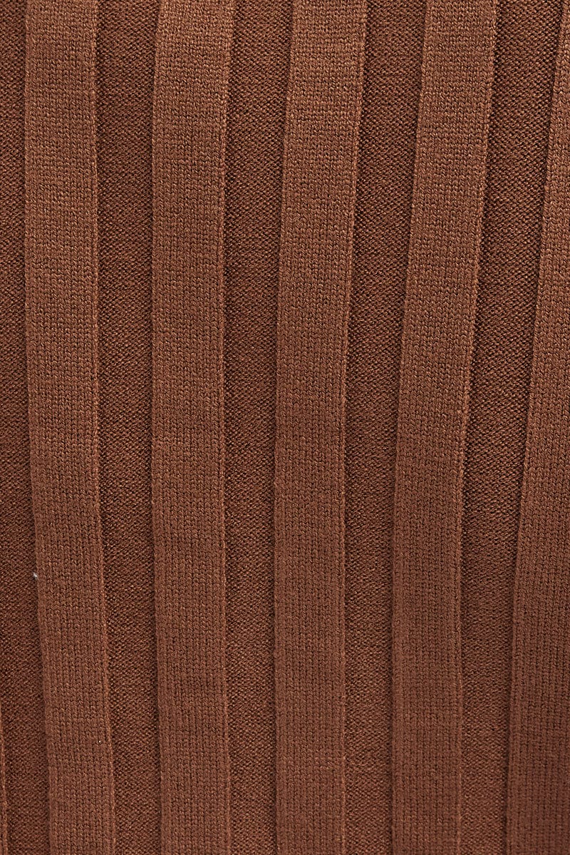 Brown Knit Top Long Sleeve Crop Collared