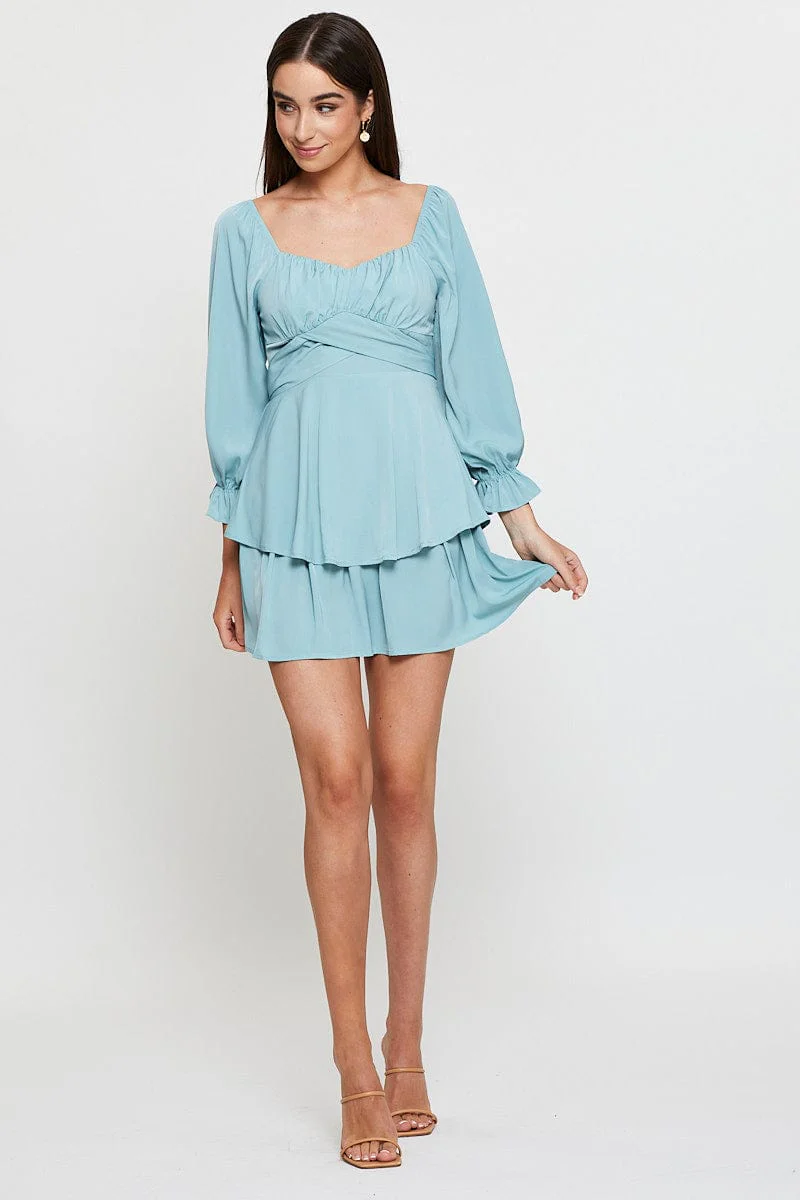 Blue Fit And Flare Dress Long Sleeve Scoop Neck