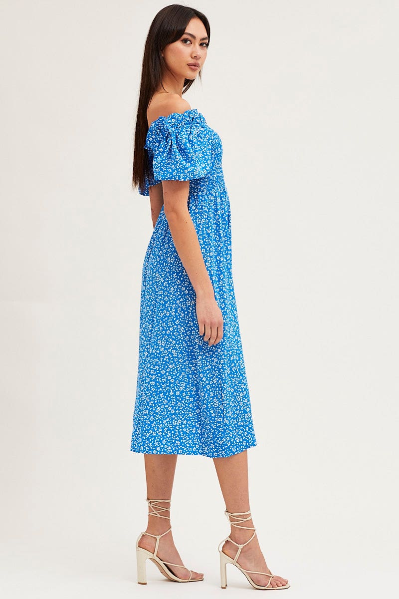 Print Midi Dress Long Sleeve Square Neck
