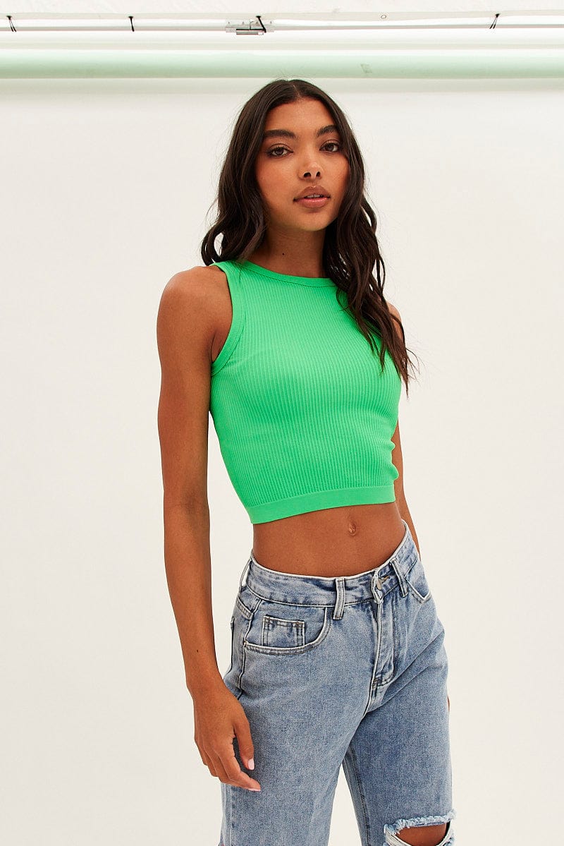 Green Tank Top Crew Neck Seamless