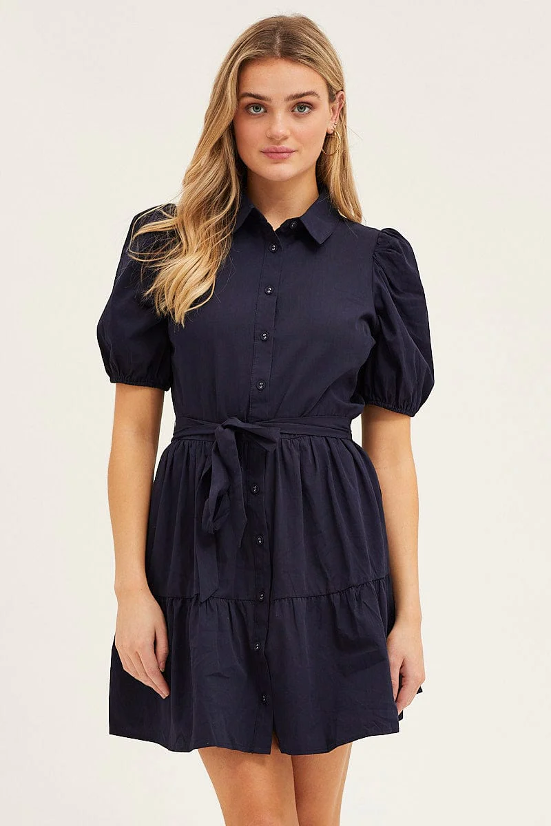 Blue Puff Sleeve Button Up Tie Waist Tiered Dress