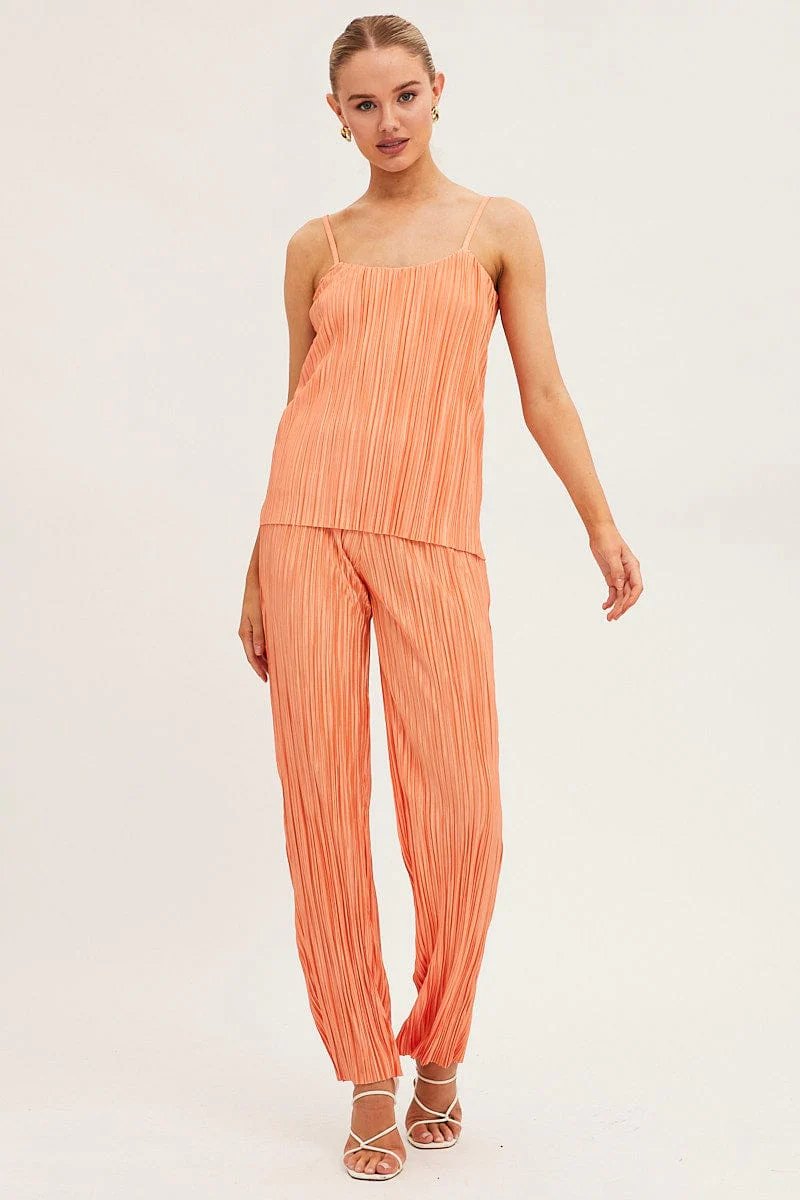 Orange Plisse Cami Sleeveless Scoop Neck