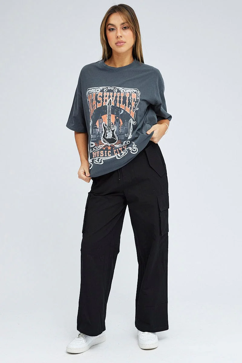 Black Tee Short Sleeve Round Neck Graphic Print