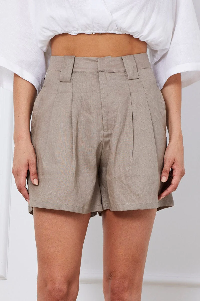 Green Mini Shorts Pleats Linen