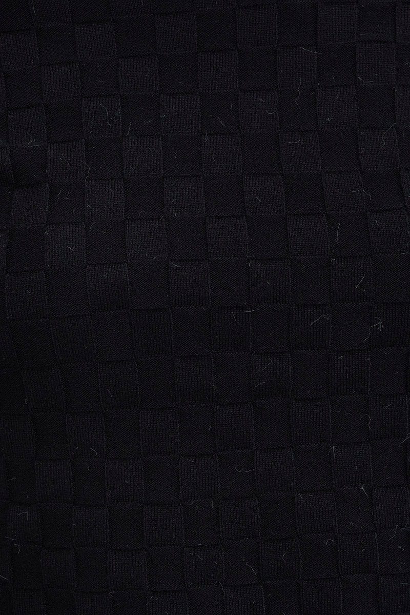 Black Knit Top Long Sleeve High Neck Crop Checker Stitch