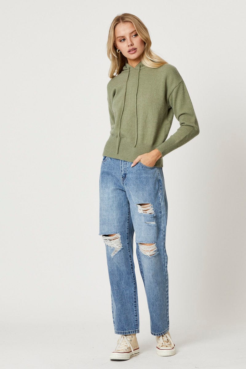 Green Hoodie Top Long Sleeve