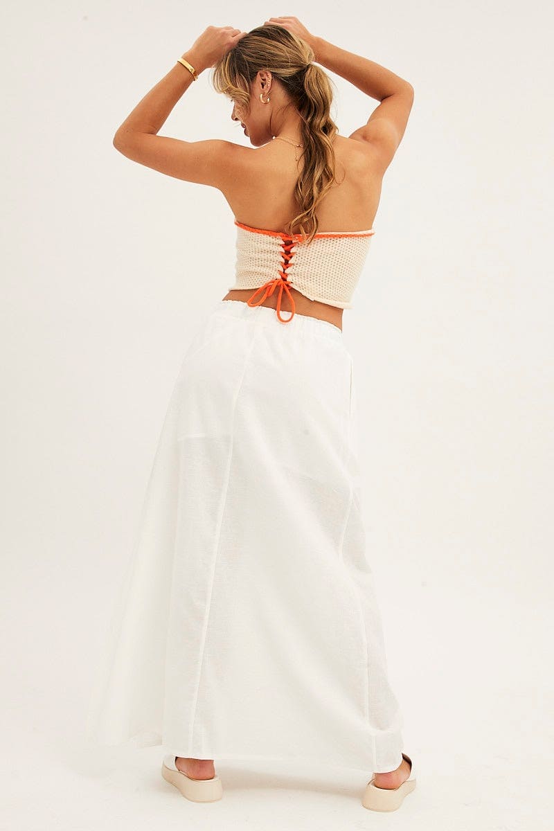 White Maxi Skirt Linen Blend Side Split