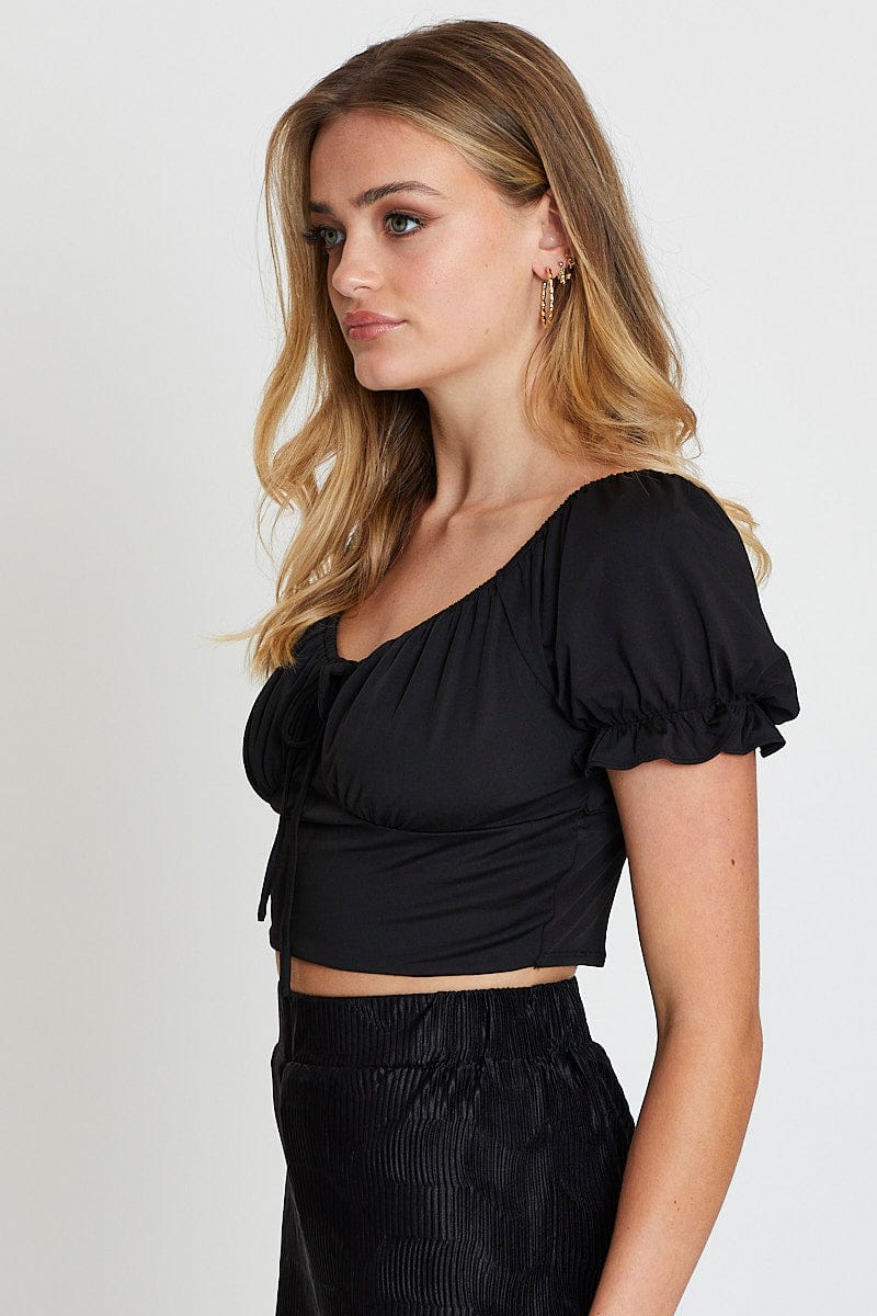 Black Jersey Top Puff Sleeve Ruche