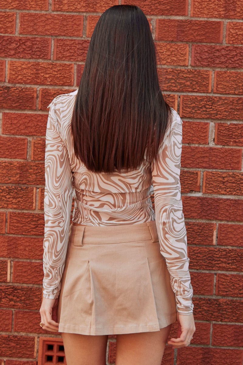 Marble Print Top Long Sleeve Midriff Mesh