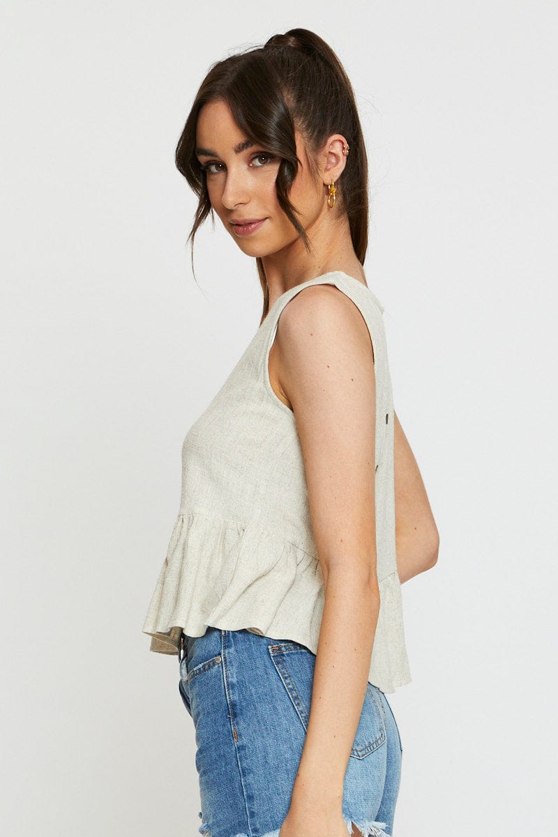 Beige Peplum Top Sleeveless Ruffle