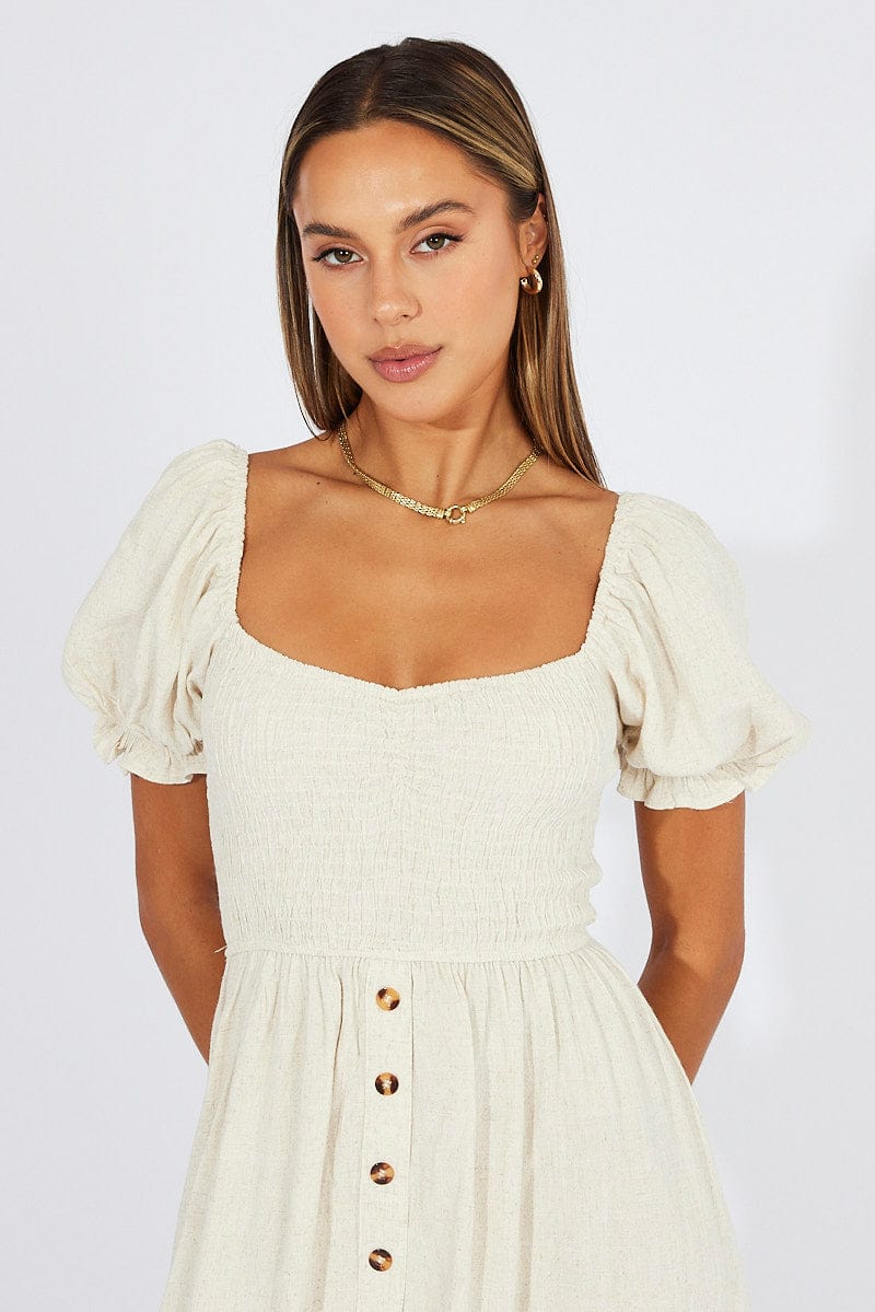Beige Midi Dress Puff Sleeve Linen Blend