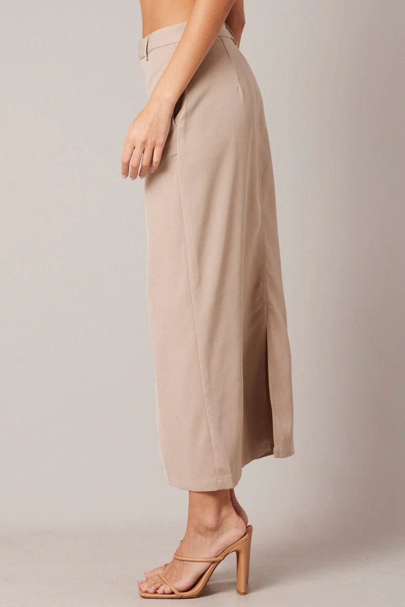 Beige Tailored Maxi Skirt High Rise