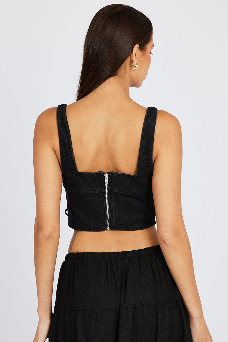 Black Corset Sleeveless Scoop Neck Lace Up Stretch