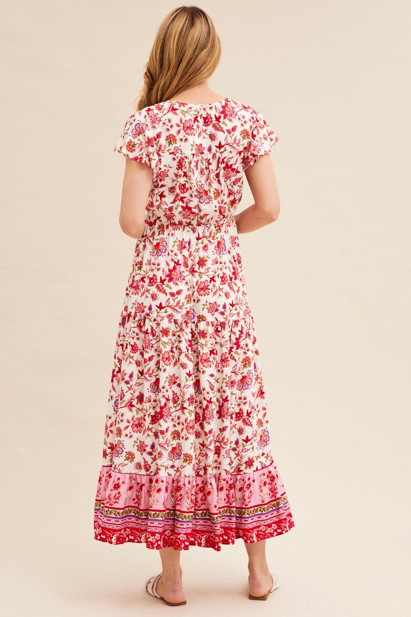 Boho Print Maxi Dress Short Sleeve V-Neck