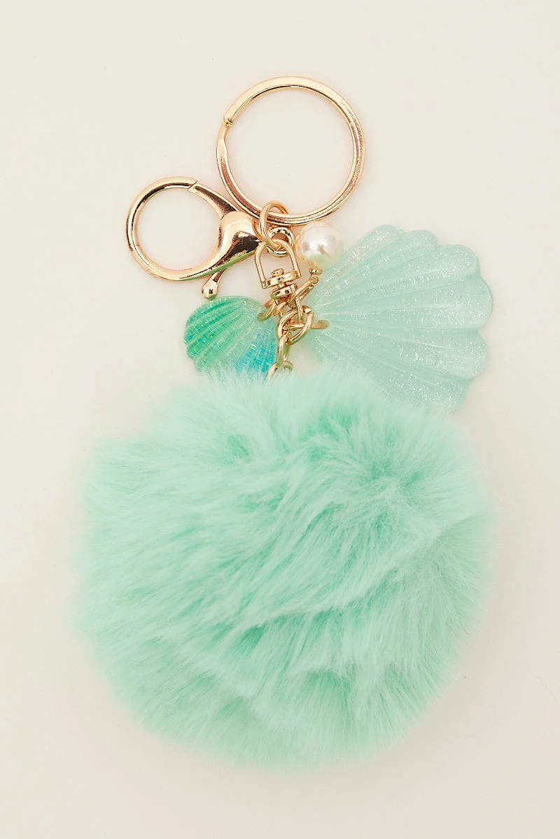 Blue Shell And Pearl Charm Pom Pom Keyring